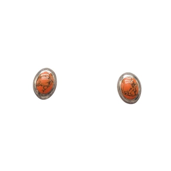 Sterling Silver Taxco Orange Jasper Oval Stud Earrings Vintage - Picture 1 of 5